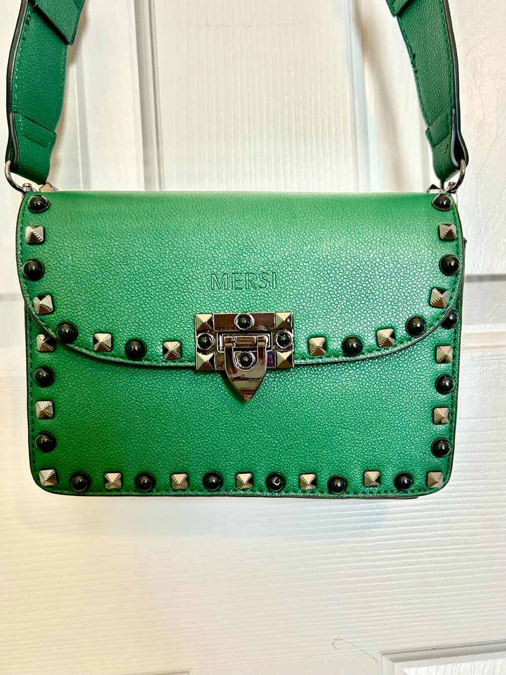 MERSI Green Stud-Trim Leather Crossbody Bag